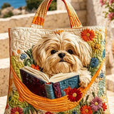 H.PAI Women's Quilted Tote Bag - Cute Shih Tzu Dog Reading Book & Wildflower Floral Cottagecore Large Shoulder Handbag