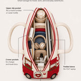 H.PAI Women's Quilted Duffle Bag - Retro Red Camper Van, Hearts & Rose Embroidery Travel Overnight Bag