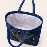 H.PAI Celestial Stag Moon And Stars Floral Quilted Tote Bag