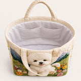 H.PAI Women's Quilted Tote Bag - Cute Fluffy Dog & Wildflower Mountain Landscape Aesthetic Shoulder Handbag