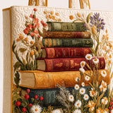 H.PAI Women's Quilted Tote Bag - Vintage Book Stack & Daisy Floral Cottagecore Shoulder Handbag