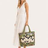 H.PAI Women's Quilted Tote Bag - Green Pastoral Sheep Flock Patchwork Top-Handle Shoulder Bag