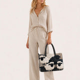 H.PAI Women's Quilted Tote Bag - Black & White Sheep Patchwork Top-Handle Shoulder Bag
