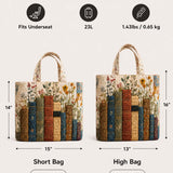 H.PAI Women's Quilted Book Tote Bag - Vintage Library & Wildflower Floral Large Everyday Shoulder Handbag