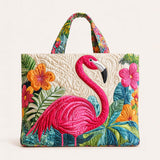 H.PAI Women's Quilted Tote Bag - Elegant Hummingbird & Peony Floral Plum Purple Luxury Shoulder Handbag
