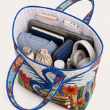 H.PAI Women's Quilted Tote Bag - Blue Dragon & Books Print Floral Top-Handle Travel Carry-On Bag
