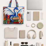 H.PAI Women's Quilted Tote Bag - Blue Dragon & Books Print Floral Top-Handle Travel Carry-On Bag