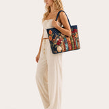 H.PAI Women's Quilted Tote Bag - Navy Blue Vintage Books & Floral Top-Handle Travel Carry-On Bag