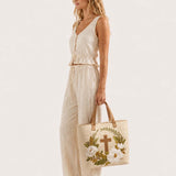 Christian Cross & Magnolia Floral Quilted Tote Bag