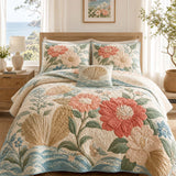 H.PAI Coastal Floral Quilted 3-Piece Bedding Set