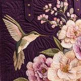 H.PAI Women's Quilted Tote Bag - Dark Purple Floral Hummingbird Embroidered Top-Handle Shoulder Bag