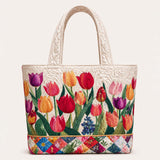 H.PAI Women's Quilted Tote Bag - Vibrant Spring Tulip Floral Garden Cream Cottagecore Shoulder Handbag