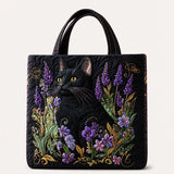 H.PAI Women's Quilted Tote Bag - Black Cat & Lavender Floral Aesthetic Cottagecore Shoulder Handbag