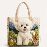 H.PAI Women's Quilted Tote Bag - Cute Fluffy Dog & Wildflower Mountain Landscape Aesthetic Shoulder Handbag