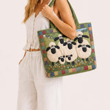 H.PAI Women's Quilted Tote Bag - Green Pastoral Sheep Flock Patchwork Top-Handle Shoulder Bag