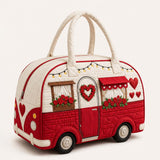 H.PAI Women's Quilted Duffle Bag - Retro Red Camper Van, Hearts & Rose Embroidery Travel Overnight Bag