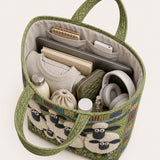 H.PAI Women's Quilted Tote Bag - Green Pastoral Sheep Flock Patchwork Top-Handle Shoulder Bag