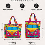 H.PAI Women's Quilted Tote Bag - Retro 70s Hippie Camper Van & Smiley Sunflower Groovy Everyday Shoulder Handbag