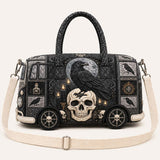 H.PAI Women's Quilted Duffle Bag - Gothic Raven Skull & Van Print Travel Bag