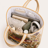 H.PAI Women's Quilted Tote Bag - Vintage Book Stack & Daisy Floral Cottagecore Shoulder Handbag
