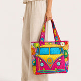 H.PAI Women's Quilted Tote Bag - Retro 70s Hippie Camper Van & Smiley Sunflower Groovy Everyday Shoulder Handbag