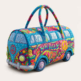 H.PAI Women's Quilted Duffle Bag - Retro 70s Psychedelic Hippie Van, Peace & Love Travel Overnight Bag
