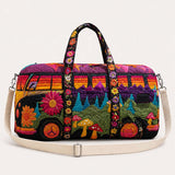 H.PAI Women's Quilted Duffle Bag - Retro 70s Hippie Van, Sunset Mountain & Mushroom Travel Overnight Bag