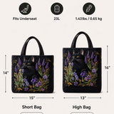 H.PAI Women's Quilted Tote Bag - Black Cat & Lavender Floral Aesthetic Cottagecore Shoulder Handbag