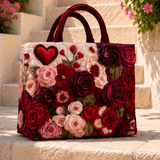 H.PAI Women's Quilted Tote Bag - Romantic 3D Rose Floral Applique & Heart Velvet Luxury Elegant Handbag