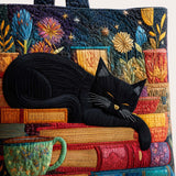 H.PAI Women's Quilted Tote Bag - Black Cat Sleeping on Books Starry Floral Travel Shoulder Bag