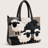 H.PAI Women's Quilted Tote Bag - Black & White Sheep Patchwork Top-Handle Shoulder Bag