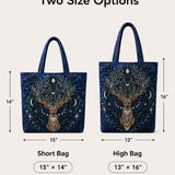H.PAI Celestial Stag Moon And Stars Floral Quilted Tote Bag
