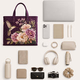 H.PAI Women's Quilted Tote Bag - Dark Purple Floral Hummingbird Embroidered Top-Handle Shoulder Bag