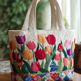 H.PAI Women's Quilted Tote Bag - Vibrant Spring Tulip Floral Garden Cream Cottagecore Shoulder Handbag
