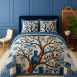 H.PAI Woodland Tree & Cat Quilted 3-Piece Bedding Set