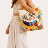 H.PAI Women's Quilted Tote Bag - Cute Shih Tzu Dog Reading Book & Wildflower Floral Cottagecore Large Shoulder Handbag