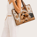 H.PAI Women's Quilted Tote Bag - Cute Yorkshire Terrier Dog & Snowflake Winter Aesthetic Shoulder Handbag