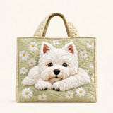 H.PAI Women's Quilted Tote Bag - Cute Westie Dog & Daisy Floral Sage Green Cottagecore Everyday Shoulder Handbag