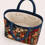 H.PAI Women's Quilted Tote Bag - Navy Blue Vintage Books & Floral Top-Handle Travel Carry-On Bag
