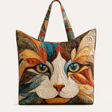 H.PAI Women's Quilted Tote Bag - Artistic Calico Cat Face Shaped Patchwork Shoulder Handbag