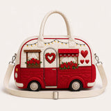 H.PAI Women's Quilted Duffle Bag - Retro Red Camper Van, Hearts & Rose Embroidery Travel Overnight Bag