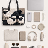 H.PAI Women's Quilted Tote Bag - Black & White Sheep Patchwork Top-Handle Shoulder Bag
