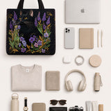 H.PAI Women's Quilted Tote Bag - Black Cat & Lavender Floral Aesthetic Cottagecore Shoulder Handbag