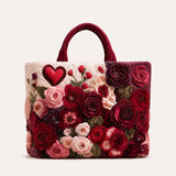 H.PAI Women's Quilted Tote Bag - Romantic 3D Rose Floral Applique & Heart Velvet Luxury Elegant Handbag