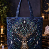 H.PAI Celestial Stag Moon And Stars Floral Quilted Tote Bag