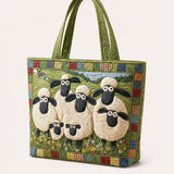 H.PAI Women's Quilted Tote Bag - Green Pastoral Sheep Flock Patchwork Top-Handle Shoulder Bag