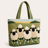 H.PAI Women's Quilted Tote Bag - Green Meadow Sheep & Daisy Embroidered Shoulder Bag
