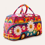 H.PAI Women's Quilted Duffle Bag - Retro 70s Rainbow Hippie Van, Smiley Daisy Travel Overnight Bag