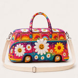 H.PAI Women's Quilted Duffle Bag - Retro 70s Rainbow Hippie Van, Smiley Daisy Travel Overnight Bag