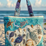 H.PAI Women's Quilted Tote Bag - Ocean Sea Turtle & Shell Coastal Travel Shoulder Bag
